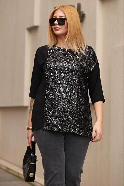 Siyezen Plus Size Sequin Embroidered Ayrobin Fabric Blouse