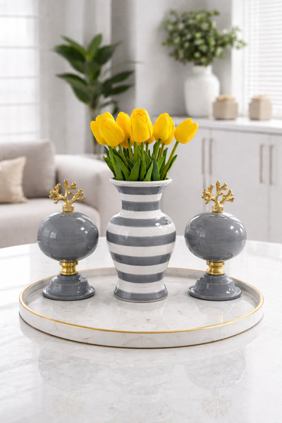 daiza home Salon Akseuarı Dekoratif 2 li Küre Gri Feri Vazo Gri Zebra Gold