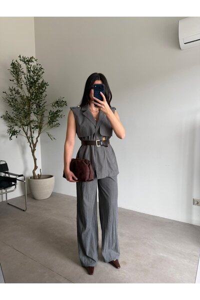 Bade Butik Γκρι Σετ Ζώνη τεμαχίων Tensel σετ κοστούμι με γιλέκο