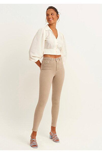 LA TUBA New Season Women's High Waist E Stretchy Beige Tight Leg Jeans