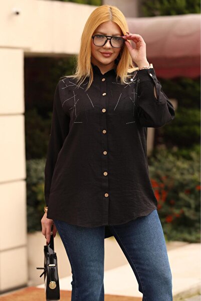 Siyezen Plus Size Stone Detailed Linen Shirt