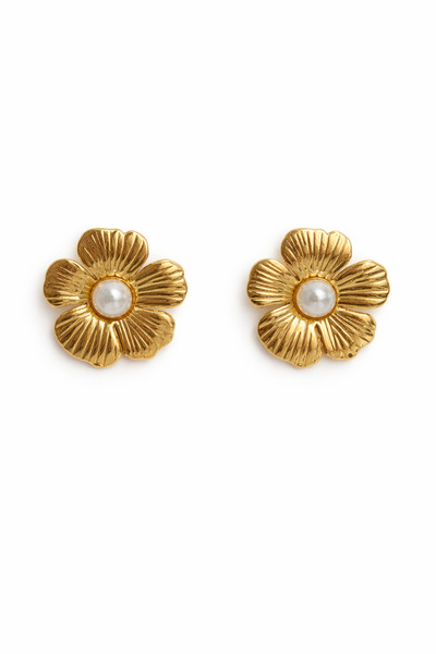 Angelovia Gold Flower Women's Steel Earrings with Pearl Detail