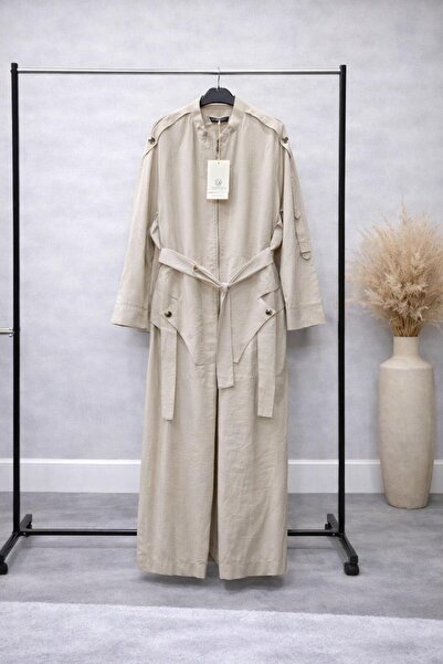 Ceremony Kemerli Uzun Kap – Fermuarlı Cepli Modern Tasarım Bej