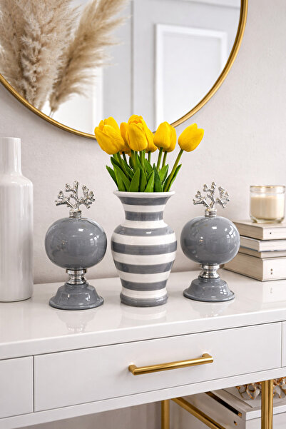 daiza home Salon Akseuarı Dekoratif 2 li Küre Gri Feri Vazo Gri Zebra GÜMÜŞ