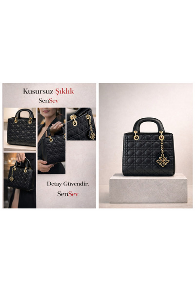 SenSev Kadın Siyah Kapitone Desenli Gold Detaylı El ve Omuz Çantası