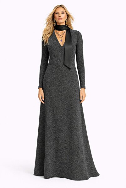 UNTIMELY V-Neck & Long Sleeve Maxi Winter Anthracite Stylish/Casual Dress