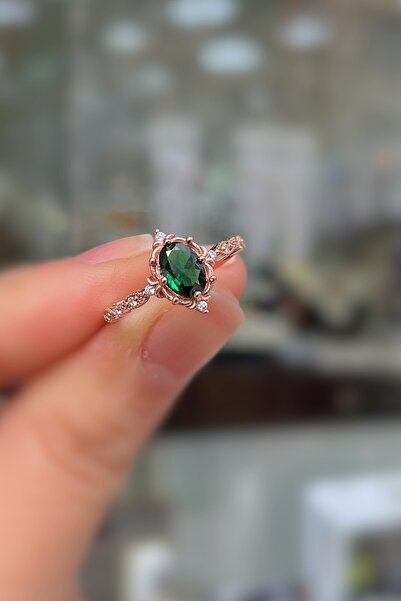 Erer Gümüş 925 Ayar Gümüş Rose Gold Oval Kesim yeşil Taşlı Vintage Tasarım Ka...