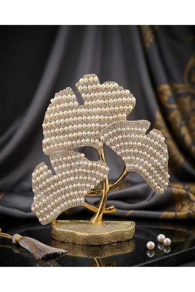 ay çerçeve inci taşlı dekoratif yonca yaprak biblo - gold kaplama masaüstü ev...