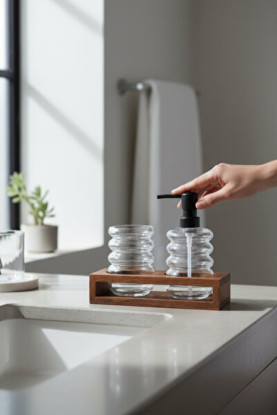 Akayev 2-Compartment Acacia Stand Glass Soap Dispenser and Toothbrush Holder Set