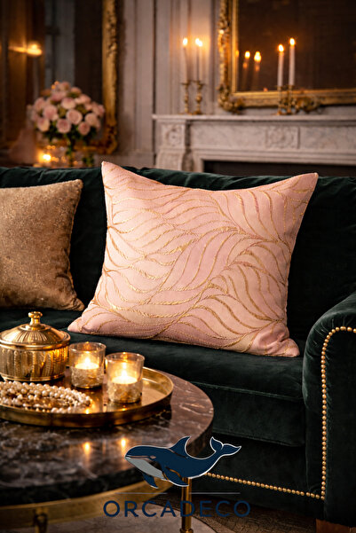 orcadeco -Gold İşlemeli Pudra Dekoratif Kırlent Kılıfı – Modern Salon Yastığı...