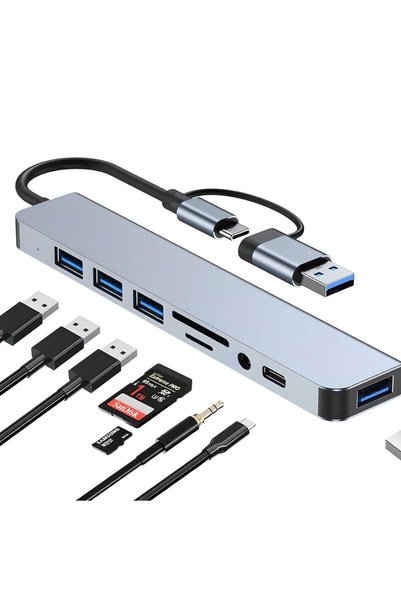 Alfais 6010 8 in 2 Usb-C & USB 3.0 Hub Multiplexer Usb, Type-C, Sd/Tf and Aux Converter