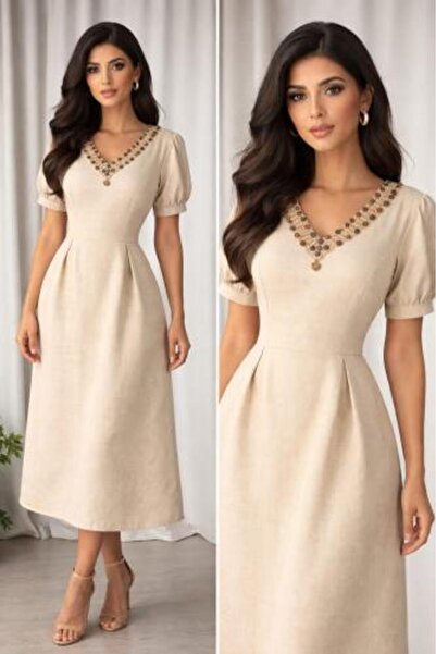 EVENTANA Linen dress with a wooden button collar