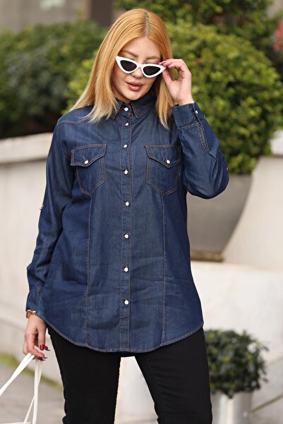 Siyezen Plus Size Pocket Detail Jean Shirt