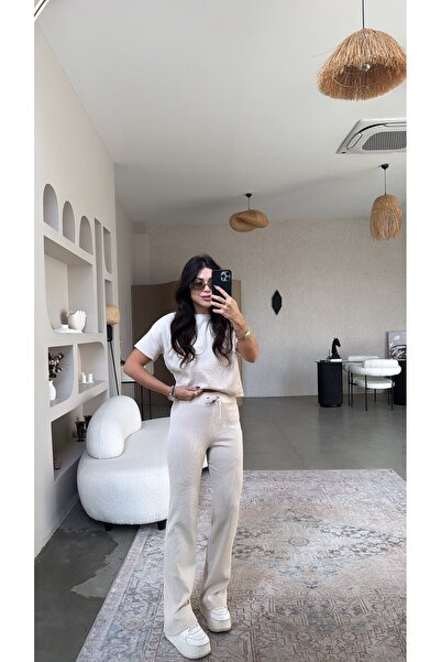 Buket Teke Set cu mâneci scurte bej material reiat