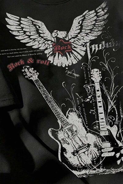 LOTS MODA Siyah Rock&Roll Guitar Y2K Unisex T-shirt
