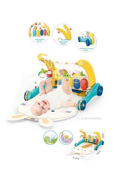 VARDEM OYUNCAK Piyanolu 2 in 1 Bebek Yürüteci ve Tavşan Desenli Mavi Oyun Halısı