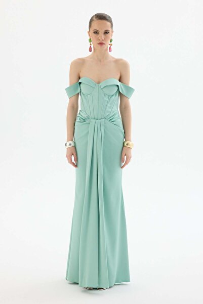 Carmen Çağla Düşük Kol Straplez Saten Abiye Elbise