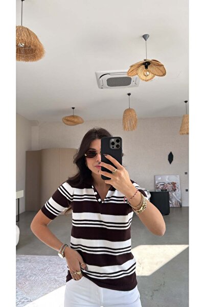Buket Teke Brown Striped Short Sleeve Massi Knitwear Blouse