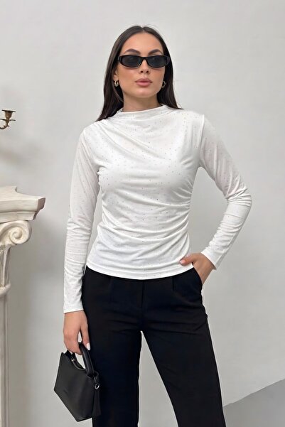 spirituel Women's Blouse Stoned Draped Long Sleeve Sandy Fabric Short Stylish...