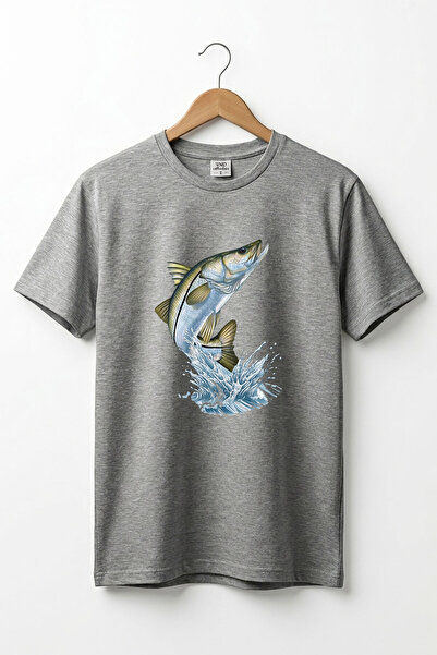 WİDİ Unisex Fishing Printed Sea Bass Basic Regular Fit T-Shirt