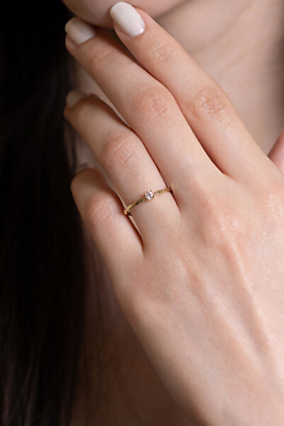 Bayar Gold 14 Ayar Altın Minimal Beyaz Taşlı Yüzük