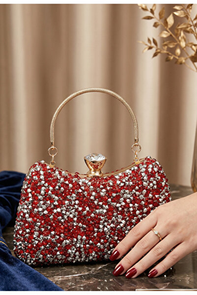 Çanta Trend Women's Stoned Hand-Embellished and Long Chain Strap Piece Bun Mo...