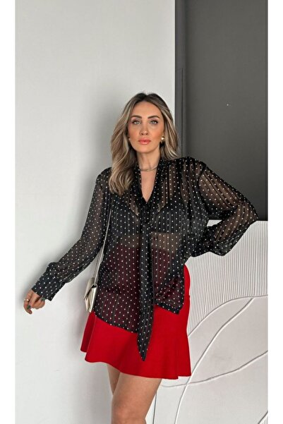EGZOTİK ASORTİK Polka Dot Li Tie-Detail Glittery Threaded Chiffon Shirt