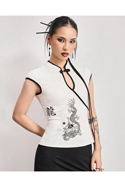 Toum Mandarin Collar Dragon Motif Vintage Qipao Short Sleeve Cropped