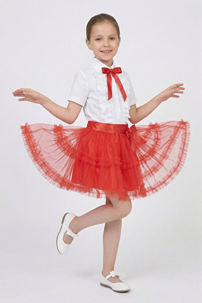 FATELLA قميص بناتي مزين بفيونكة حمراء وتنورة ساتان حمراء مزدوجة الكشكشة عند ا...