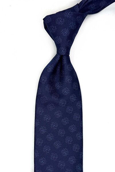 Kravatkolik Plum - Navy Blue Motif Pattern Classic Tie with Handkerchief Kk13544