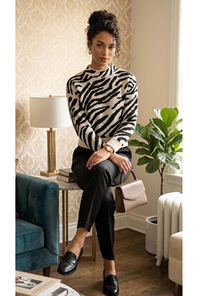 Sea Style Women's Zebra Patterned Crew Neck Knitwear Sweater