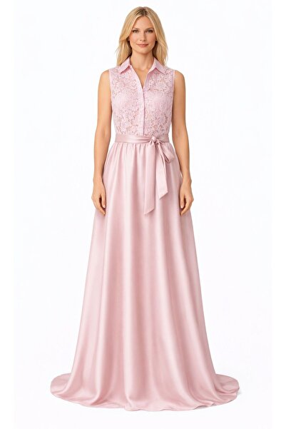 UNTIMELY Lace Detailed & Belted Maxi Powder Satin Stylish Shirt Dress