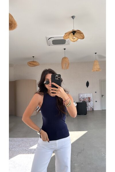 Buket Teke Navy Blue Halter Neck Cotton Tank Top