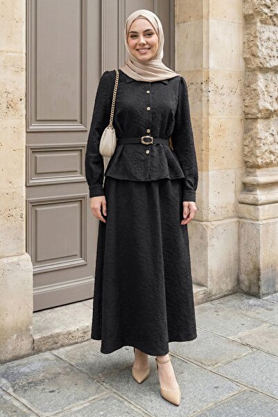 InStyle Belt Piece Black Suit with Buttoned Front Skirt