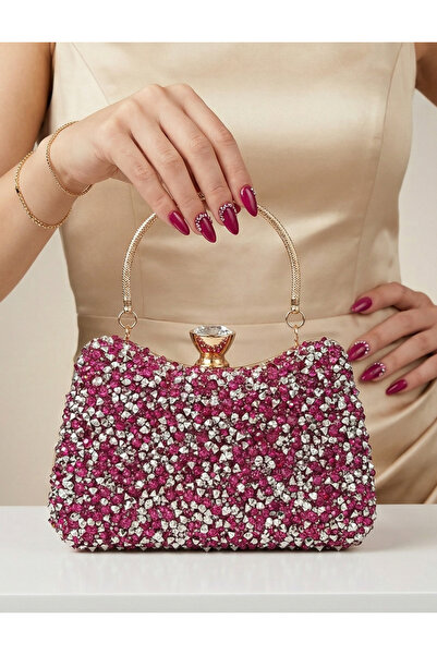 Çanta Trend Women's Stoned Hand-Embellished and Long Chain Strap Piece Bun Mo...