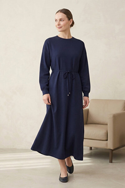 FERHEL Women's Round Neck Lace-Up Long Combed Cotton Fabric Dress - Navy Blue