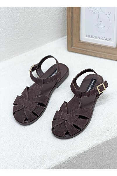 NUR KARACA 1062 Y-0024 Suede Closed Front Flat Sole Sandals Shoes Women
