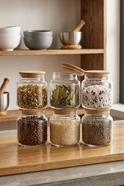 Fhilli Fiona - Set of 6 Vacuum Jars with Bamboo Lids, Small Size 630 ml