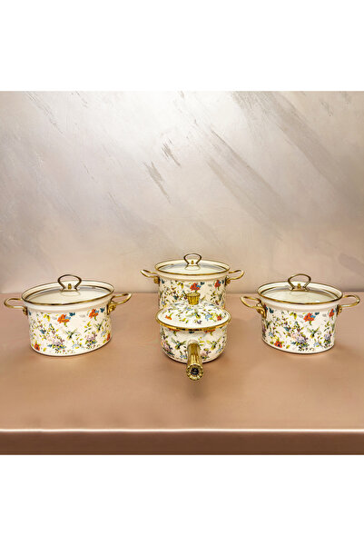 Nu 5-piece enamel pot set with lids, enameled steel cooking pots, floral patt...
