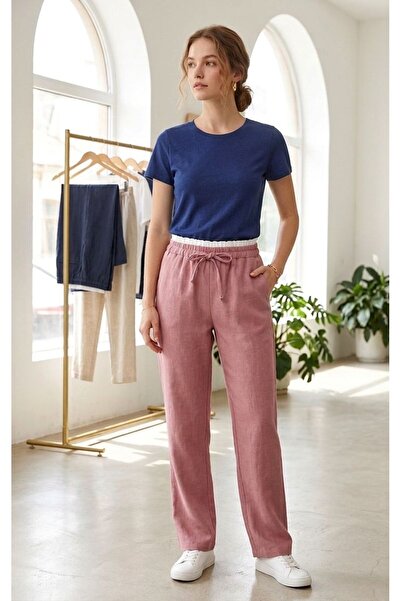DUUE FASHİON Γυναικείο παντελόνι σε χρώμα Dusty Rose με ελαστική μέση, κορδόν...