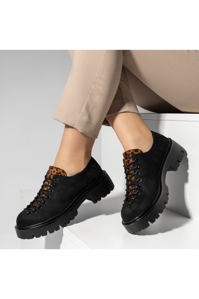 Modlet.ro Women's black suede lace-up casual shoes with print MOD14195