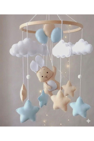 keçedekorr Bebek beşik dönencesi bulut, yıldız,uçan balonlu tavşan figürlü be...