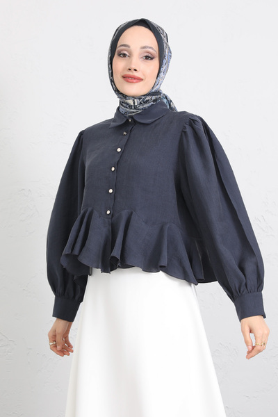 Salih Çelebi Flywheel Detailed Balloon Sleeve Shirt Y0095 - Dark Blue