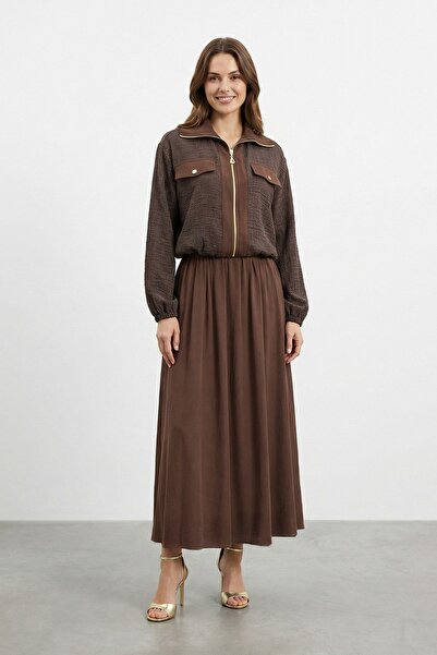 Puane Kadın Fermuarlı Ceket Detaylı Dokulu Elbise – 12677ELB - BROWN