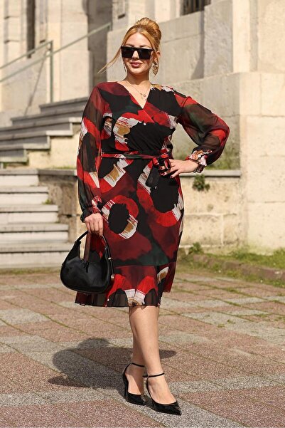 Siyezen Plus Size Double-Breasted Collar Lined Chiffon Dress