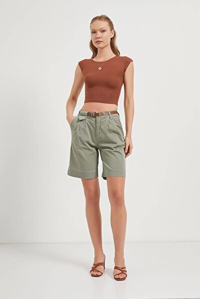 TENA Women's Khaki Waist Belt Pack Lycra Gabardine Midi Shorts