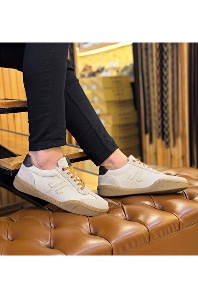 Parlak Ekru Hakiki Deri Günlük Ayakkabı
