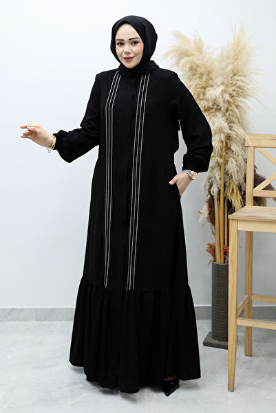 Tesettür Dünyası Front Piece Piped Ruffled Hijab Ferace Tsd260143 Black