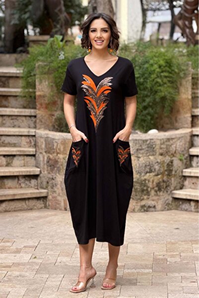 Nevin Kaya Moda Black Orange and Gold Sequined Dress
