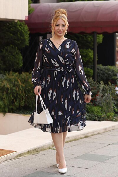 Siyezen Plus Size Double-Breasted Collar Lined Chiffon Dress